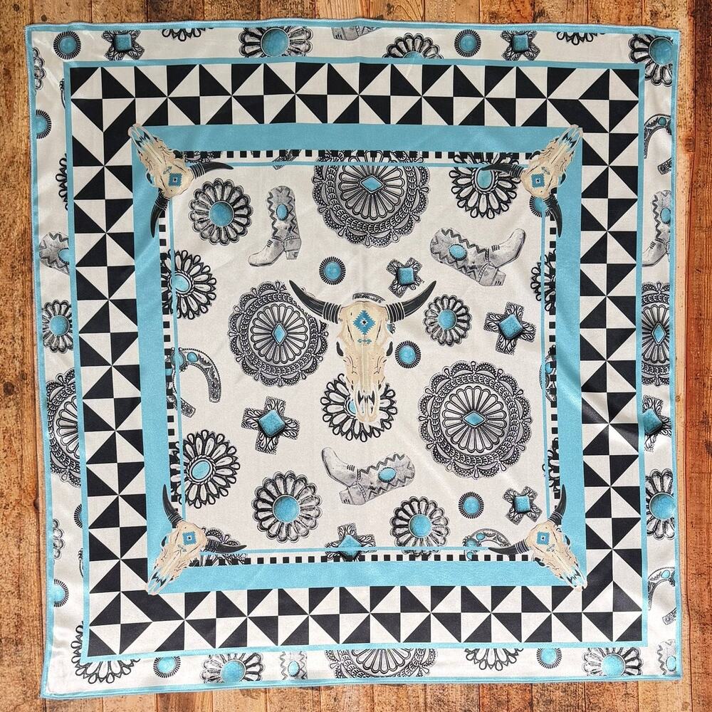 Black Ivory Turquoise Concho Longhorn Print Silky Wild Rag 36x36